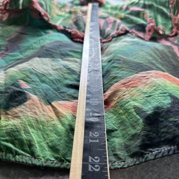 Farm Rio Shirt Womens Small Pink Green Tropical Leaf Ruffle Pom Pom Button Boho - Picture 9 of 9